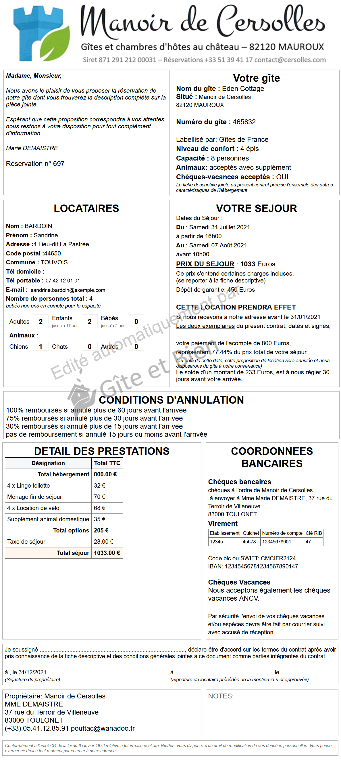 Exemple de contrat de location saisonnière édité automatiquement par les outils Gîte et Bien